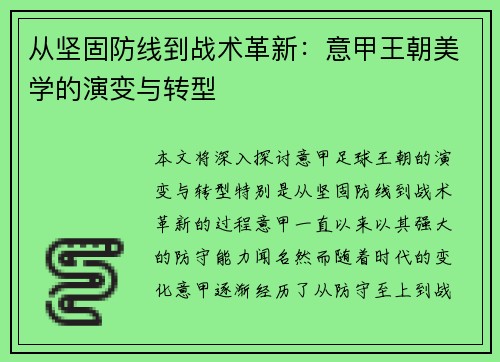 从坚固防线到战术革新：意甲王朝美学的演变与转型