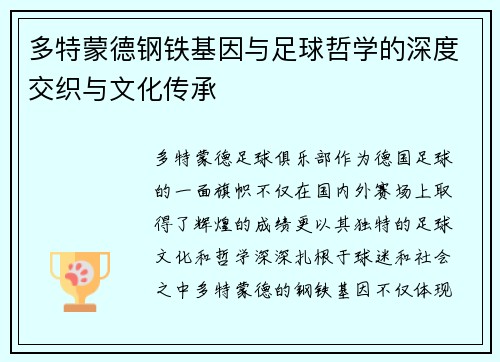 多特蒙德钢铁基因与足球哲学的深度交织与文化传承